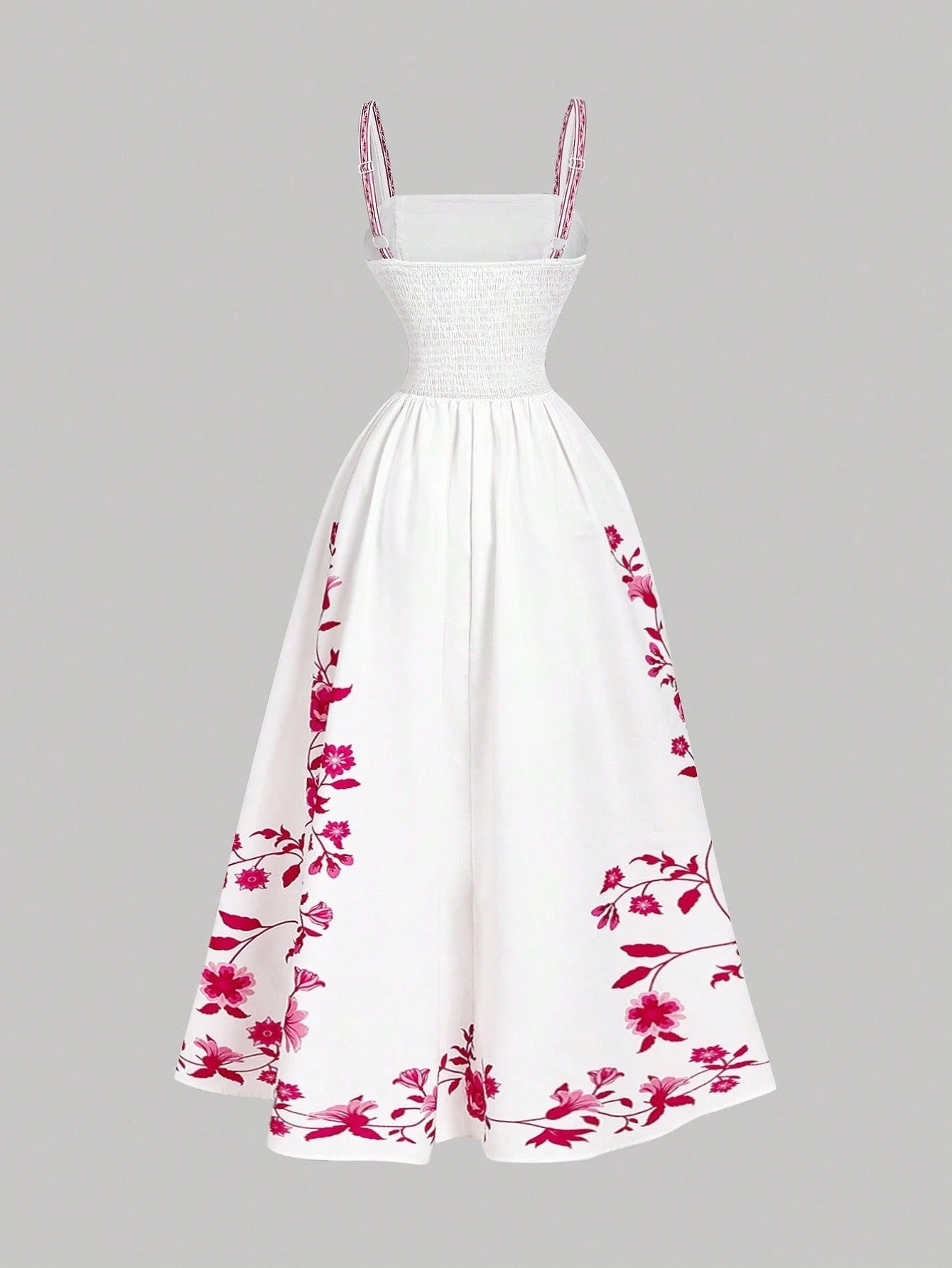 Elegant white A-line midi dress with hot pink floral border print and spaghetti straps1