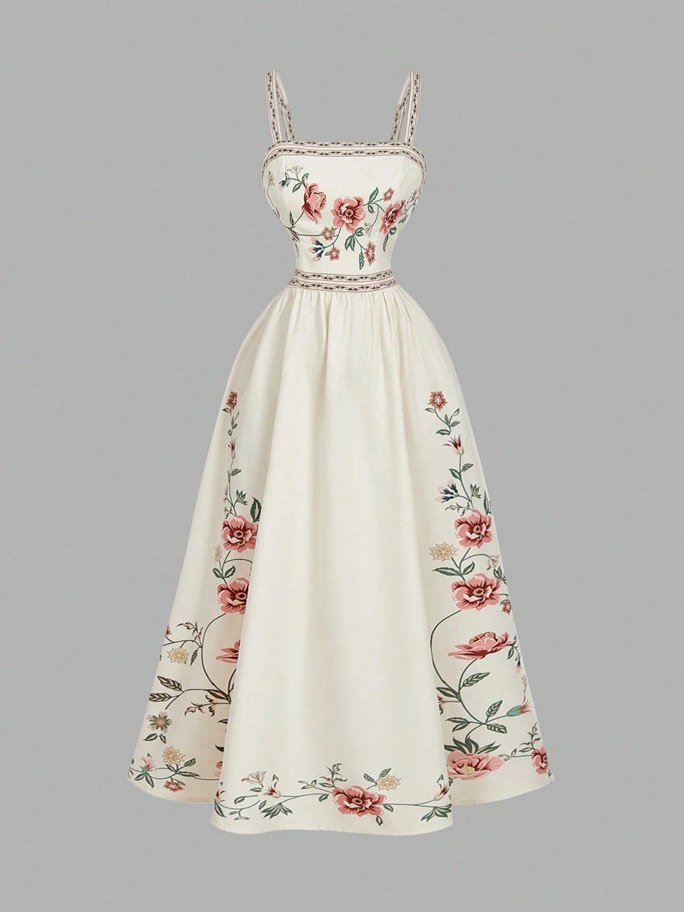 Elegant white A-line midi dress with khaki floral border print and spaghetti straps