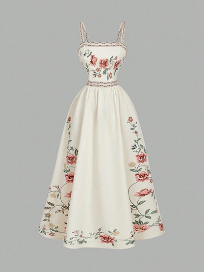 Elegant white A-line midi dress with khaki floral border print and spaghetti straps