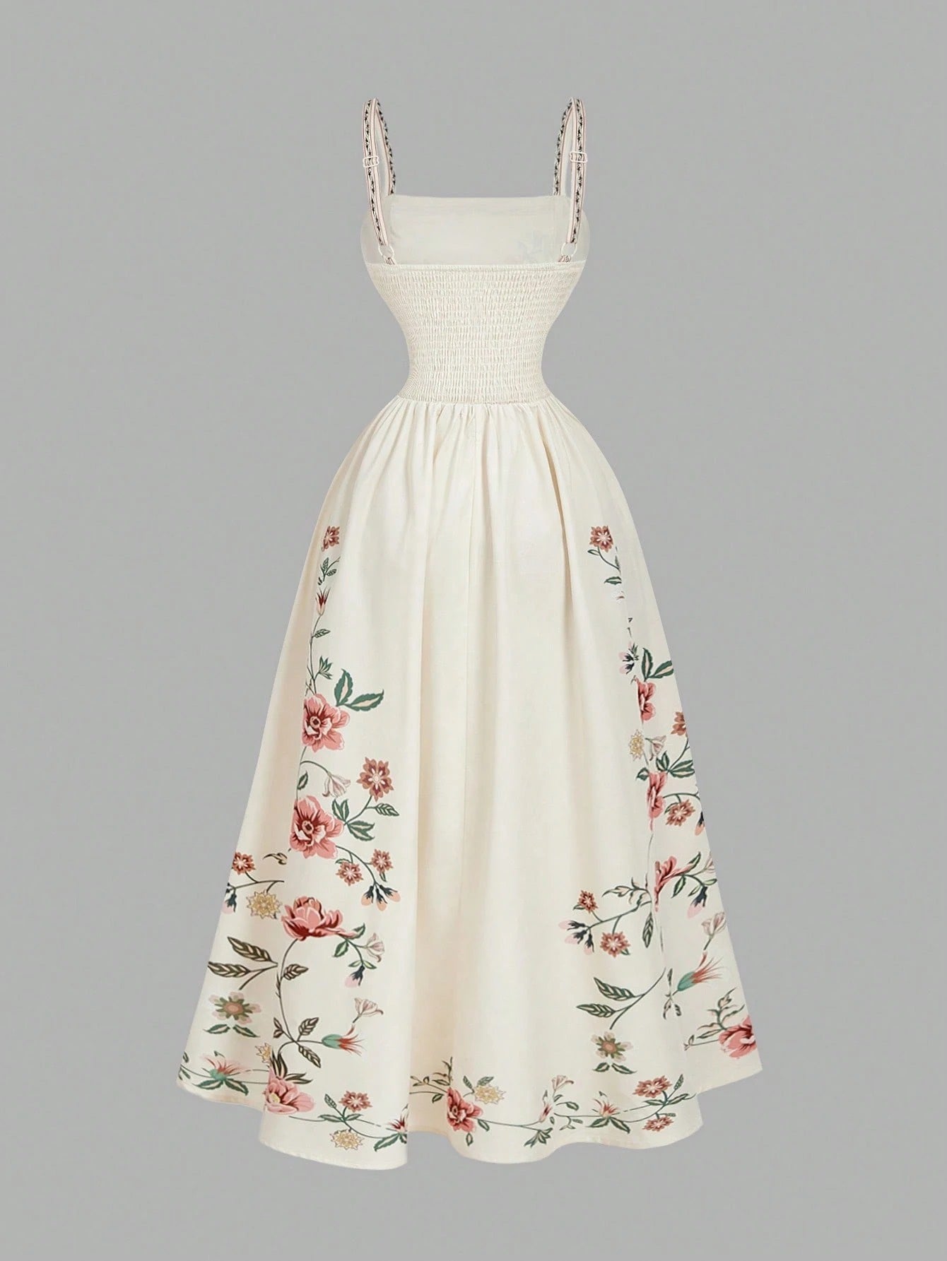 Elegant white A-line midi dress with khaki floral border print and spaghetti straps1