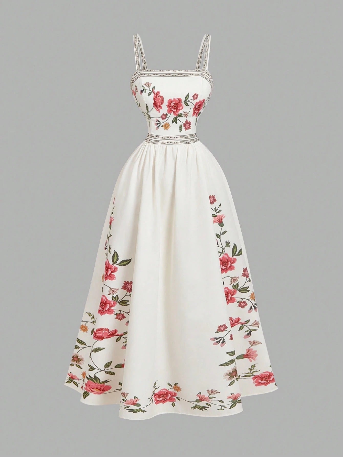 Elegant white A-line midi dress with red floral border print and spaghetti straps