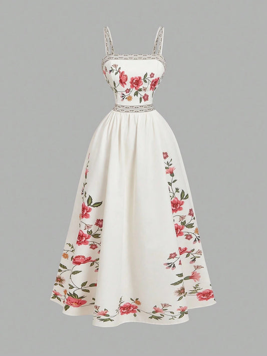 Elegant white A-line midi dress with red floral border print and spaghetti straps