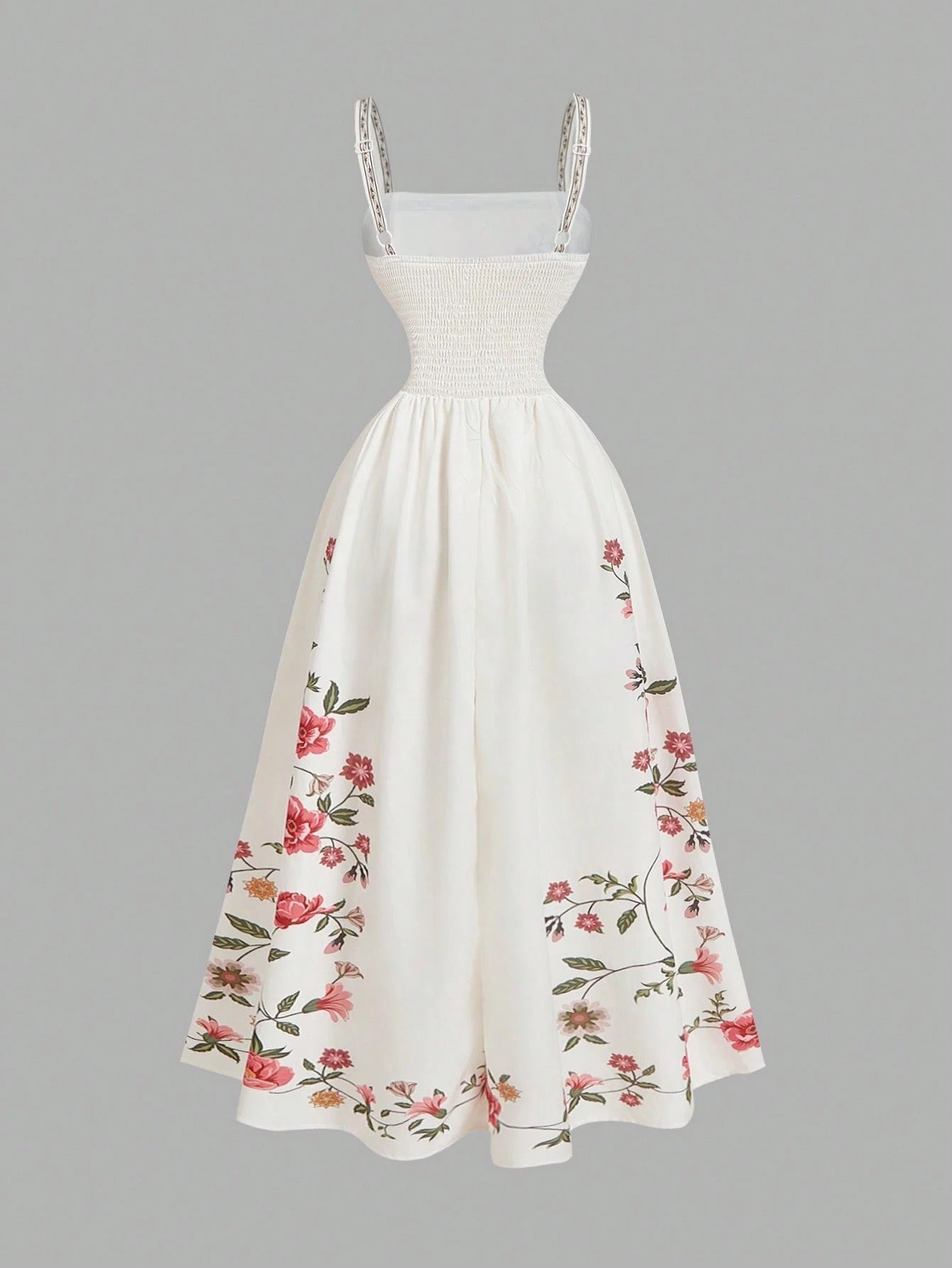 Elegant white A-line midi dress with red floral border print and spaghetti straps1