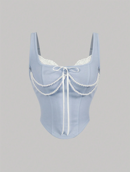 Light blue corset with lace details on a gray background
