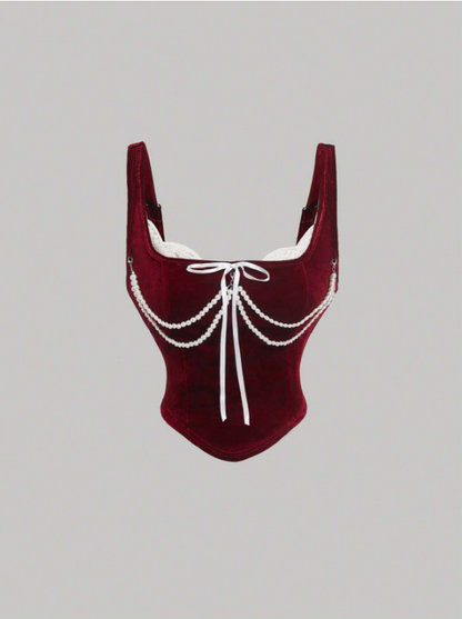 Retro Velvet Tank Top with Detachable Lace Collar & Bow – Elegant Party Camisole for Night Out or New Year Looks