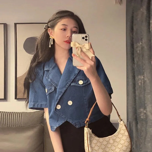 Trendy Korean Style Short Sleeve Denim Jacket | Oversized Vintage Crop Top, Casual Button-Up Denim Coat