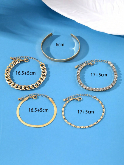 Set of gold bracelets with measurements on a blue background