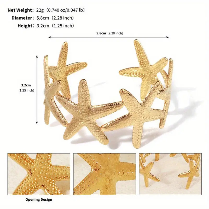 Golden Starfish Open Cuff Bracelet | Elegant Textured Metal Bangle Jewelry for Daily & Beach-Inspired Looks