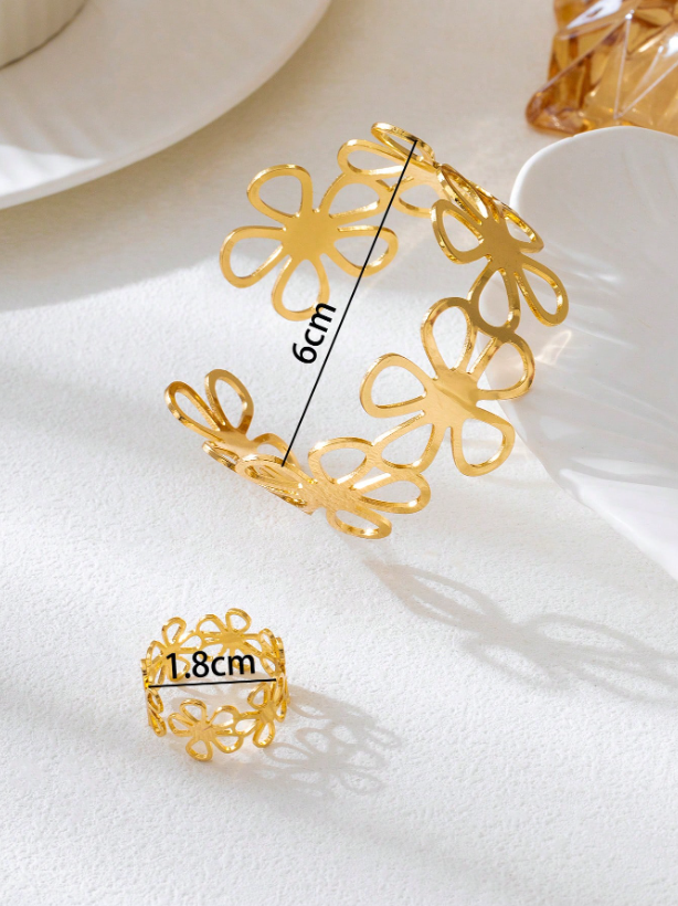 Minimalist Flower Bracelet & Ring Set