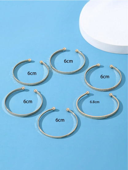 6pcs Set Textured Gold Cuff Bangles | Elegant Geometric Stackable Bracelets