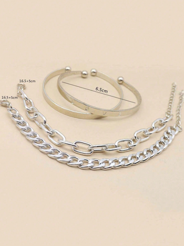 4pcs Asymmetrical Chain Bracelet Set in Gold & Silver | Multi-Element Fashion Bangles