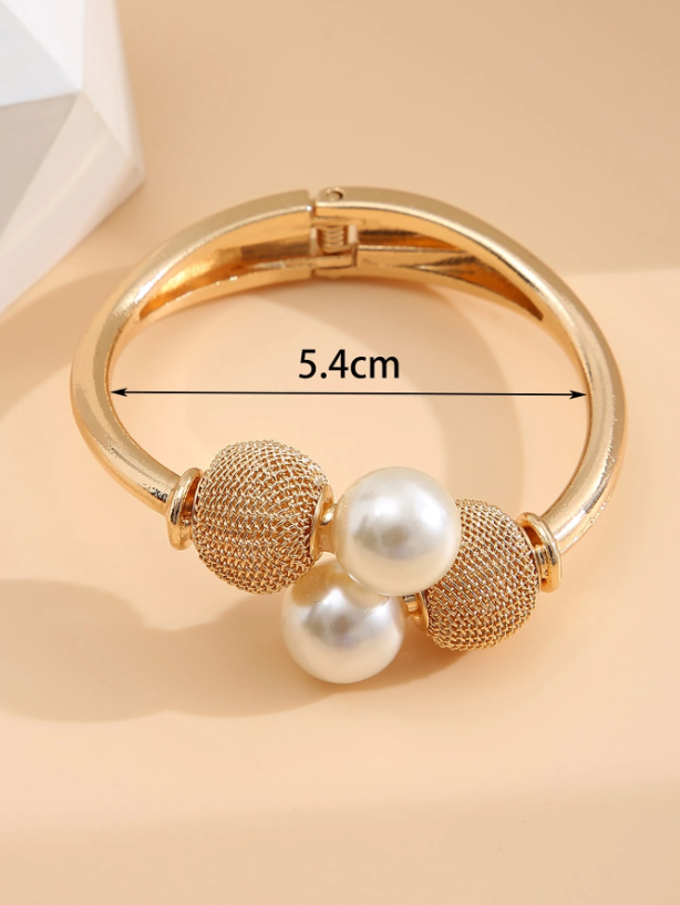 Faux Pearl Decor Bangle Bracelet | Elegant Gold-Tone Cuff with Minimalist Pearl Detailing