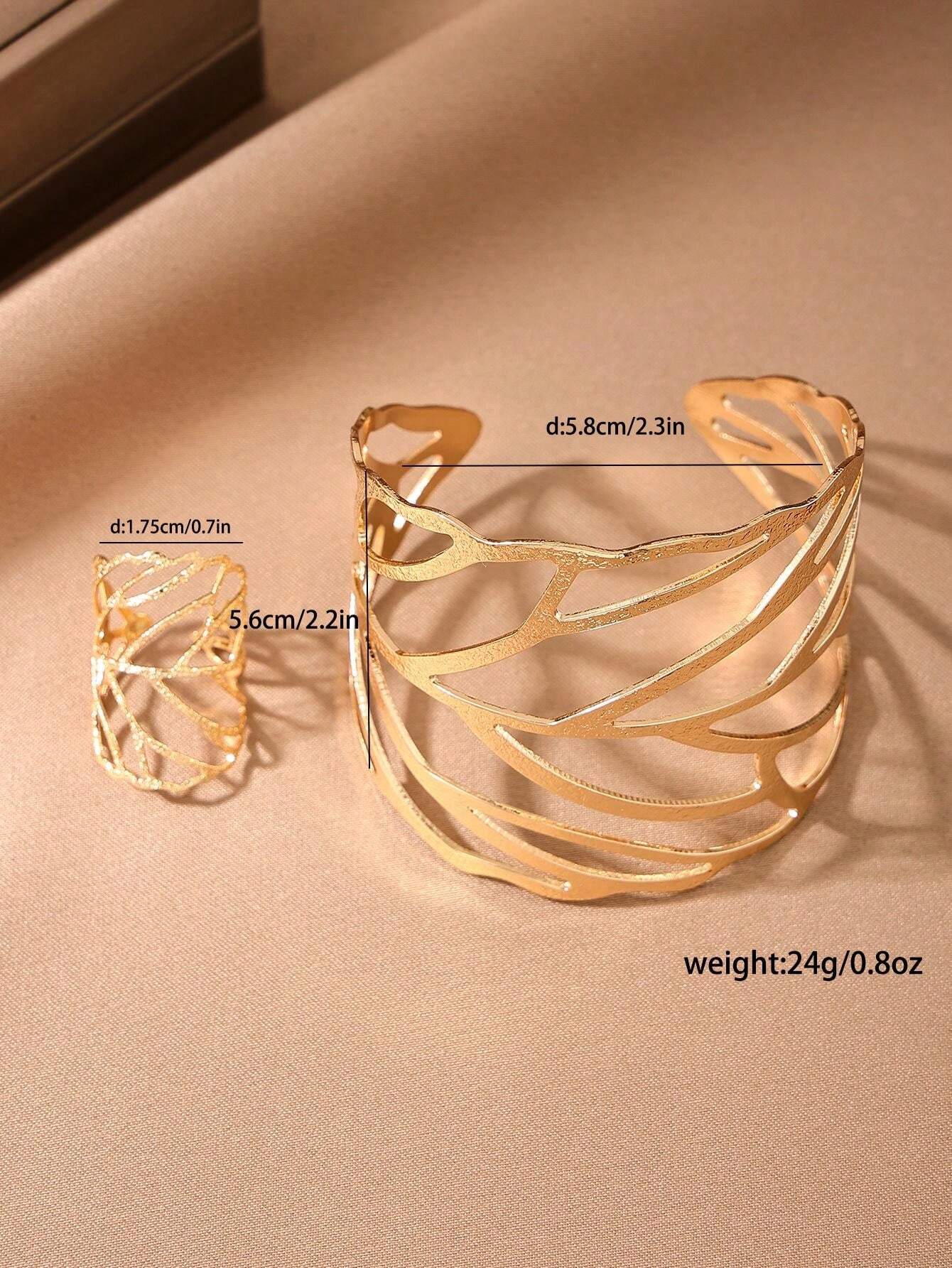 2pcs Hollow Out Leaf-Shaped Ring & Bracelet Set | European & American Creative Metal Jewelry Duo