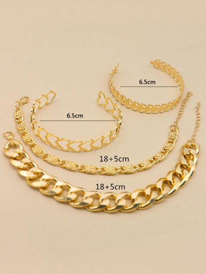 4pcs Heart & Leaf Decor Bracelet Set | Gold Layered Charm Bracelets