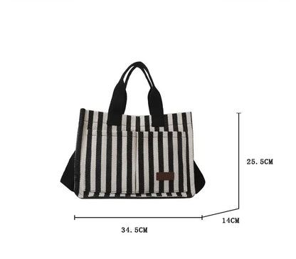 Women’s Striped Canvas Tote Bag – Large Capacity Shoulder & Crossbody Travel Handbag with Magnetic Closure
