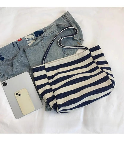 Large Canvas Tote Bag – Color Block Striped Shoulder & Shopping Bag, Lightweight & Spacious