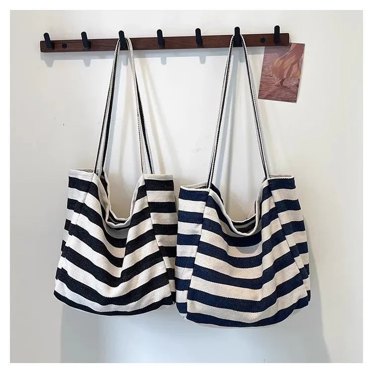 Large Canvas Tote Bag – Color Block Striped Shoulder & Shopping Bag, Lightweight & Spacious