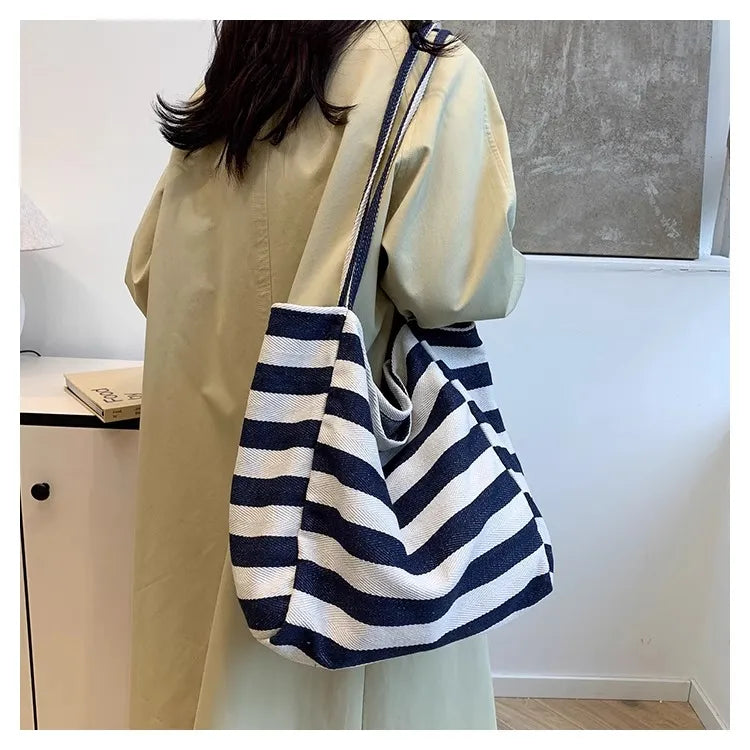 Large Canvas Tote Bag – Color Block Striped Shoulder & Shopping Bag, Lightweight & Spacious