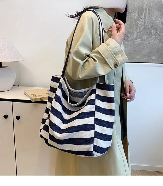 Large Canvas Tote Bag – Color Block Striped Shoulder & Shopping Bag, Lightweight & Spacious