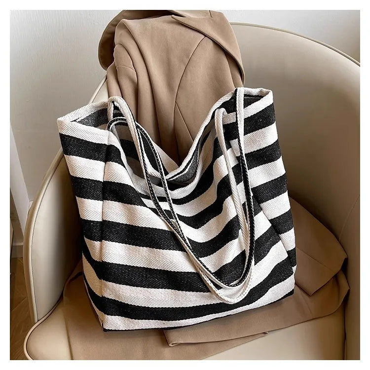 Large Canvas Tote Bag – Color Block Striped Shoulder & Shopping Bag, Lightweight & Spacious