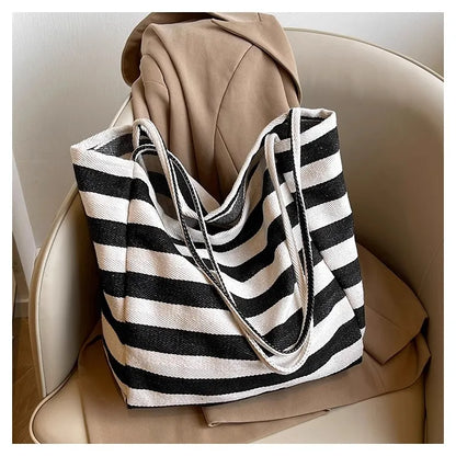 Large Canvas Tote Bag – Color Block Striped Shoulder & Shopping Bag, Lightweight & Spacious