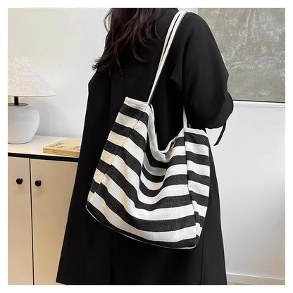 Large Canvas Tote Bag – Color Block Striped Shoulder & Shopping Bag, Lightweight & Spacious