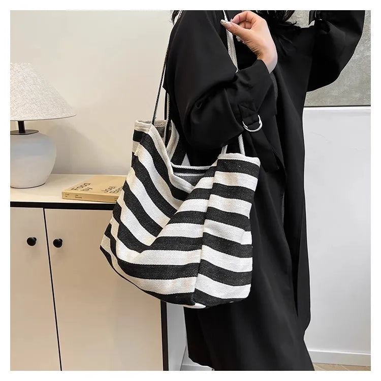 Large Canvas Tote Bag – Color Block Striped Shoulder & Shopping Bag, Lightweight & Spacious