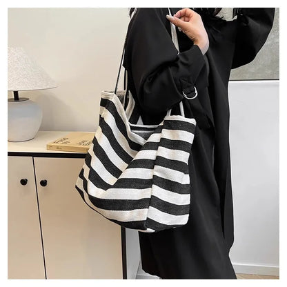 Large Canvas Tote Bag – Color Block Striped Shoulder & Shopping Bag, Lightweight & Spacious