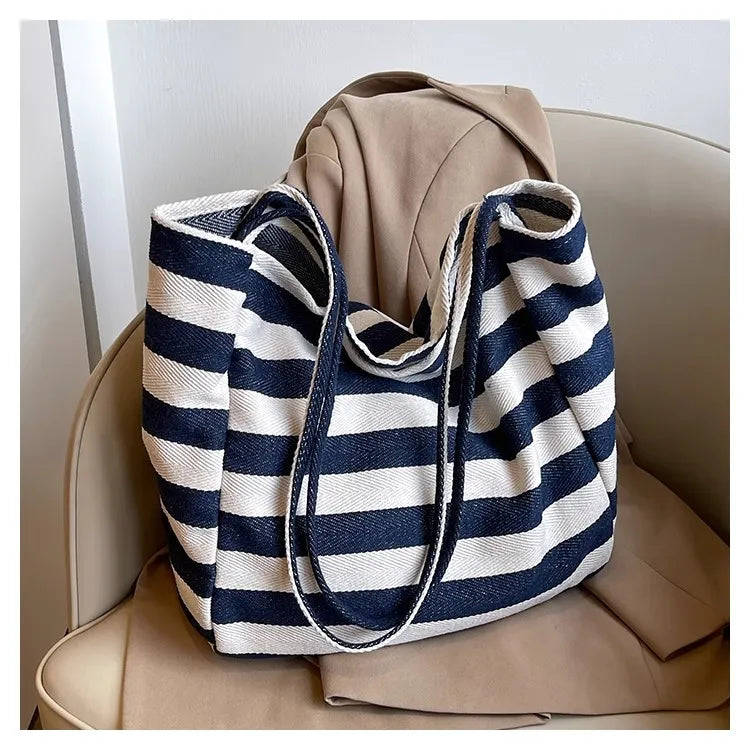 Large Canvas Tote Bag – Color Block Striped Shoulder & Shopping Bag, Lightweight & Spacious