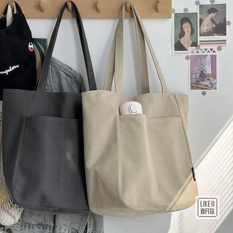 Large Capacity Canvas Tote Bag – Zipper Closure Shoulder Handbag in Neutral Everyday Colors