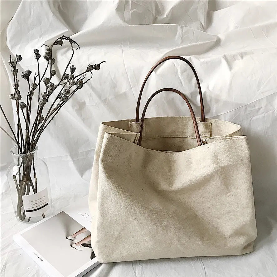 Large Canvas Tote Bag – PU Leather Handle Travel & Everyday Cloth Shoulder Bag