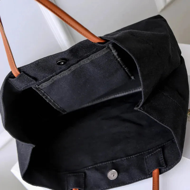 Large Canvas Tote Bag – PU Leather Handle Travel & Everyday Cloth Shoulder Bag