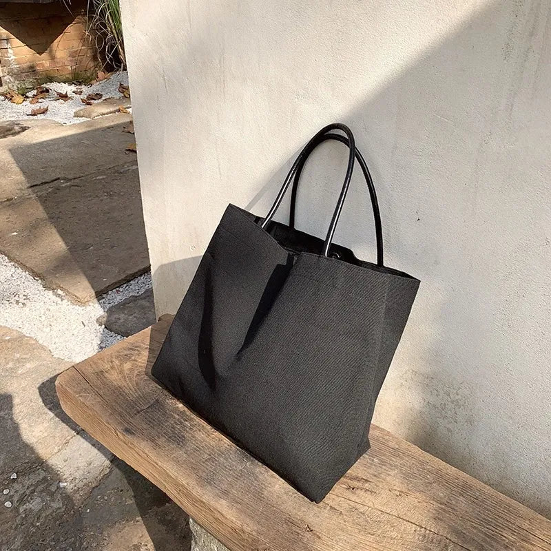 Large Canvas Tote Bag – PU Leather Handle Travel & Everyday Cloth Shoulder Bag