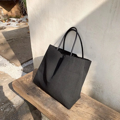 Large Canvas Tote Bag – PU Leather Handle Travel & Everyday Cloth Shoulder Bag