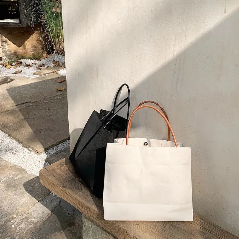 Large Canvas Tote Bag – PU Leather Handle Travel & Everyday Cloth Shoulder Bag