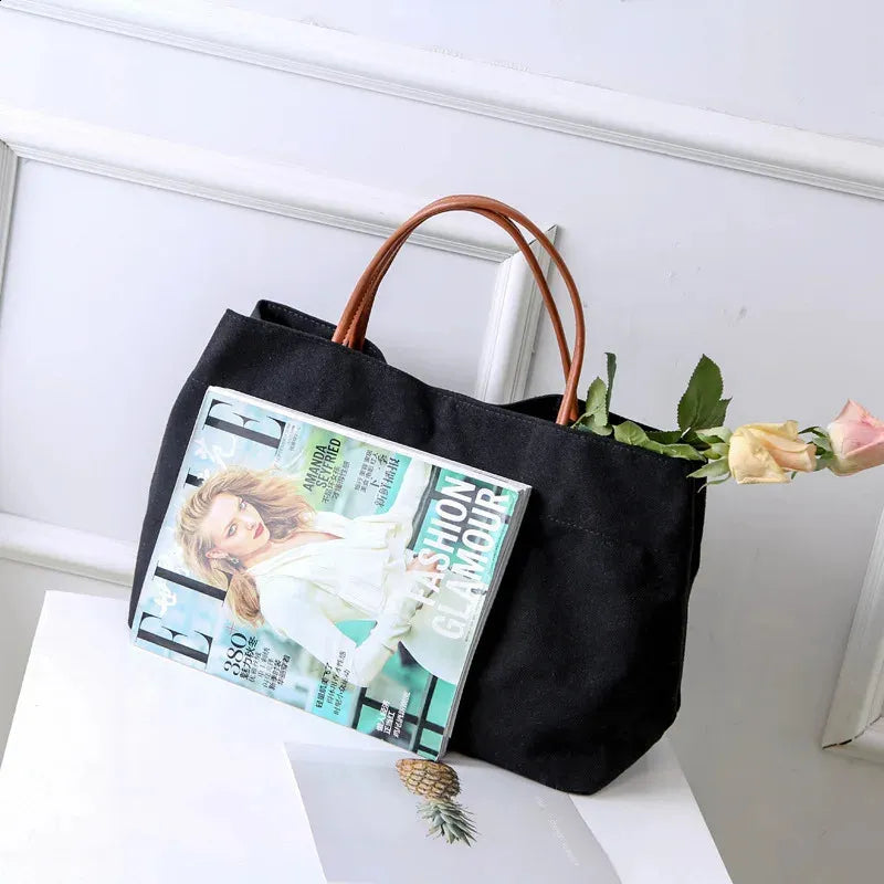 Large Canvas Tote Bag – PU Leather Handle Travel & Everyday Cloth Shoulder Bag