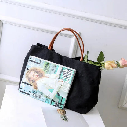 Large Canvas Tote Bag – PU Leather Handle Travel & Everyday Cloth Shoulder Bag