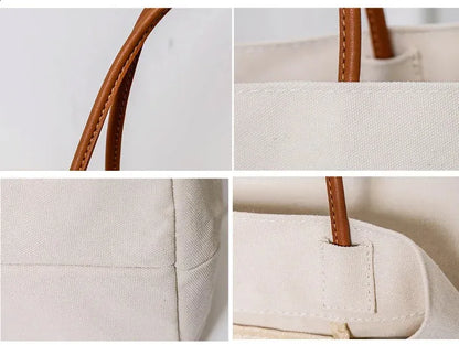 Large Canvas Tote Bag – PU Leather Handle Travel & Everyday Cloth Shoulder Bag