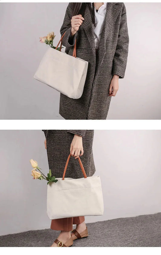 Large Canvas Tote Bag – PU Leather Handle Travel & Everyday Cloth Shoulder Bag