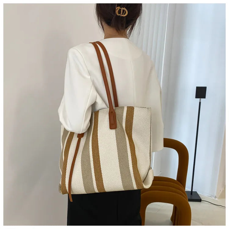 Style Canvas Tote Bag – Large Capacity Striped Shoulder Bag for Travel, Work & Daily Use
