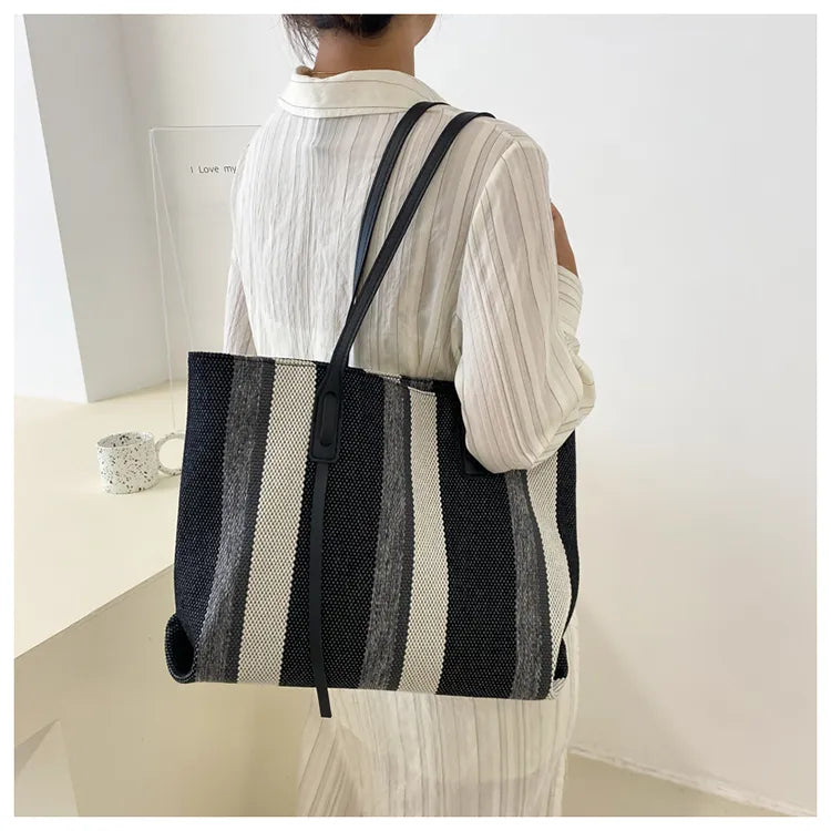 Style Canvas Tote Bag – Large Capacity Striped Shoulder Bag for Travel, Work & Daily Use