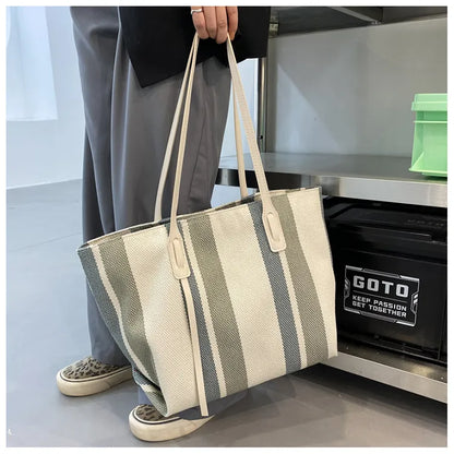 Style Canvas Tote Bag – Large Capacity Striped Shoulder Bag for Travel, Work & Daily Use