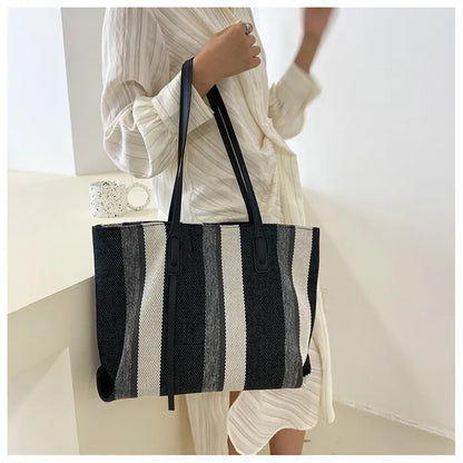 Style Canvas Tote Bag – Large Capacity Striped Shoulder Bag for Travel, Work & Daily Use