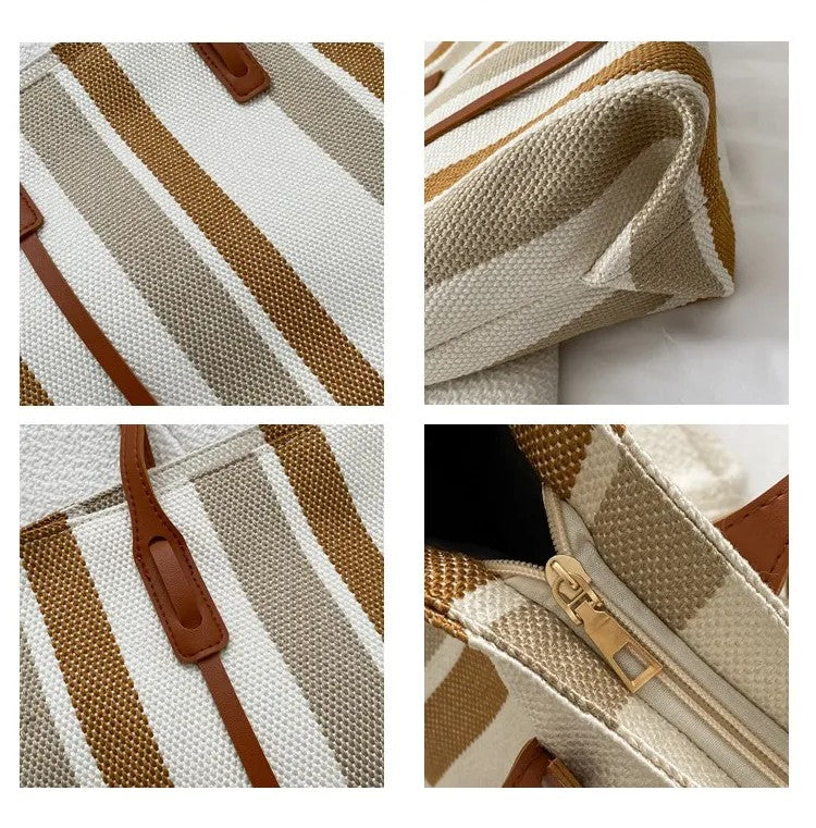 Style Canvas Tote Bag – Large Capacity Striped Shoulder Bag for Travel, Work & Daily Use