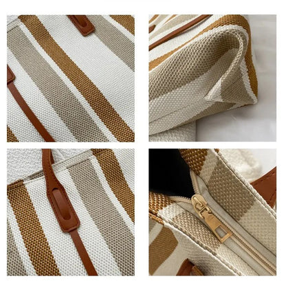Style Canvas Tote Bag – Large Capacity Striped Shoulder Bag for Travel, Work & Daily Use