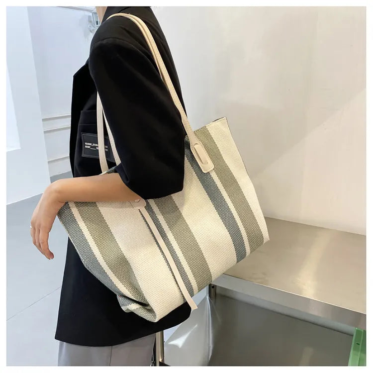Style Canvas Tote Bag – Large Capacity Striped Shoulder Bag for Travel, Work & Daily Use