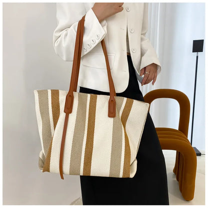 Style Canvas Tote Bag – Large Capacity Striped Shoulder Bag for Travel, Work & Daily Use