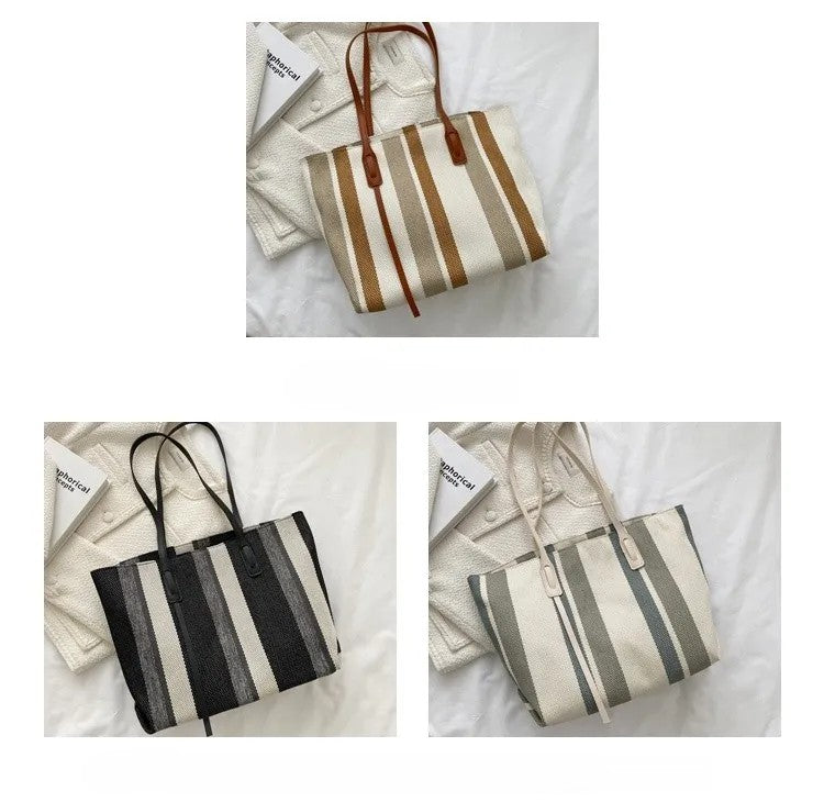 Style Canvas Tote Bag – Large Capacity Striped Shoulder Bag for Travel, Work & Daily Use