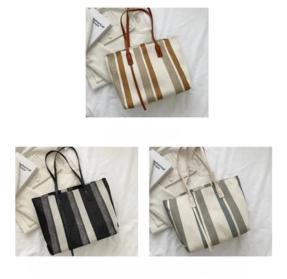 Style Canvas Tote Bag – Large Capacity Striped Shoulder Bag for Travel, Work & Daily Use
