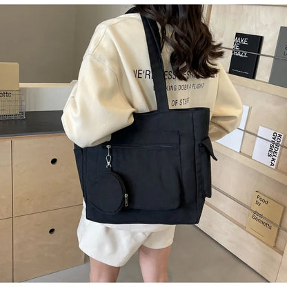 Japanese minimalist Canvas Tote Bag – Large Capacity Solid Color Travel Shoulder Bag